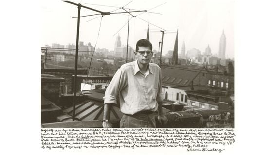 Allen Ginsberg, photographed by William S. Burroughs in 1953 with Ginsburg’s writing in the margins. (The Fahey/Klein Gallery)