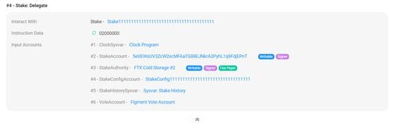 Solana blockchain transaction showing SOL staked to Figment by FTX wallet address. (SolScan)