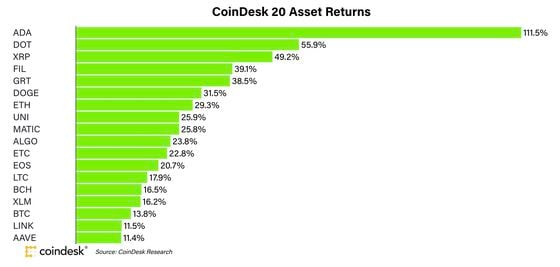 Chart shows month to date returns for the CoinDesk 20.