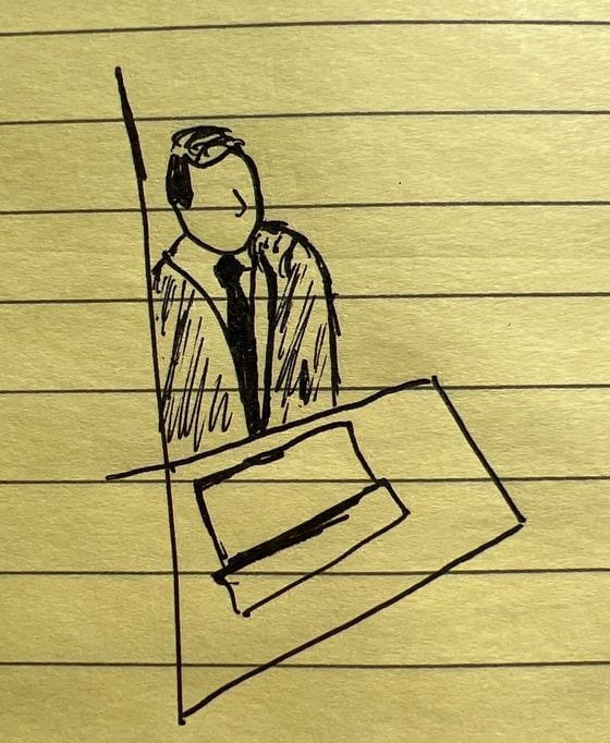 Sketch of lawyer Mark Cohen beginning cross-examination of Caroline Ellison. (Nik De/CoinDesk)