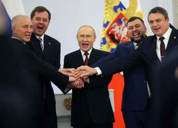 Russian President Vladimir Putin meets with Moscow-appointed heads of four Ukrainian regions partially occupied by Russia at the Grand Kremlin Palace on Sept. 30, 2022, in Moscow. (Contributor#8523328/Getty Images)