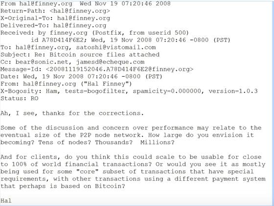 Email #1: Hal Finney to Satoshi Nakamoto, Nov. 19, 2008.
