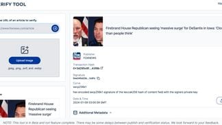 Screenshot from the new "Verify" tool showing a successful authentication – with transaction hash – of a Fox News article. (VerifyMedia/CoinDesk)