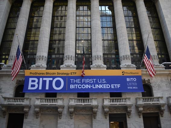 The New York Stock Exchange on Tuesday as the ProShares Bitcoin Strategy ETF (BITO) started trading. (Cheyenne Ligon/CoinDesk)